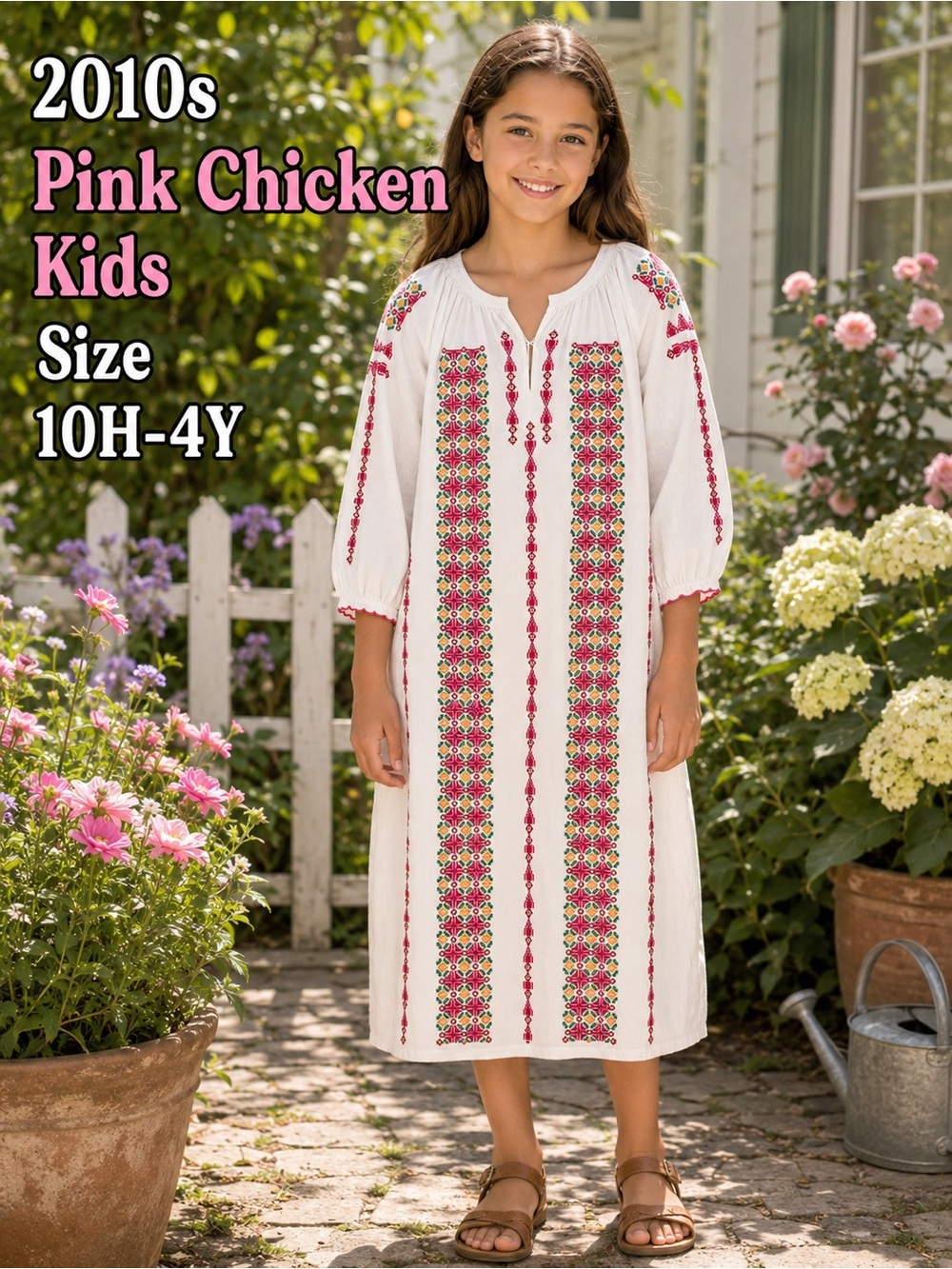 Pink Chicken Kids Embroidered Cotton Peasant Dress Boho Folk Art 10/11-12Y